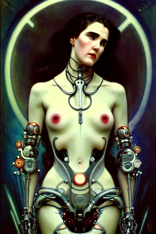Prompt: young and beautiful evil cyborg jennifer connelly by future steichen in the style of tom bagshaw, alphonse mucha, gaston bussiere, cyberpunk. anatomically correct elegant cybernetic body mods. extremely lush detail. masterpiece. melancholic scene infected by night. perfect composition and lighting. sharp focus. high contrast lush surrealistic photorealism. sultry evil plan.