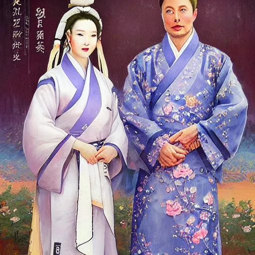 Image similar to elon musk wearing a hanfu with lily embroidery, in the style of Konstantin Razumov, extremely detailed