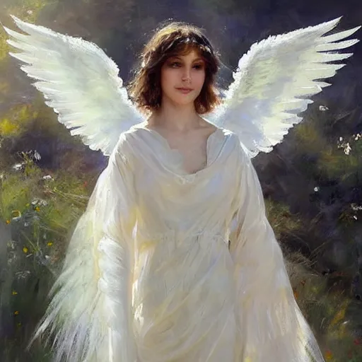 Image similar to a beautiful portrait of an angel with beautiful face and her huge white wings spread out painted by gerhartz, highly detailed, beautiful, back lit, graceful and elegant, ethereal