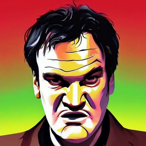 Image similar to pulp portrait colorful of quentin tarantino eating a slice of pizza, illustration, artstation