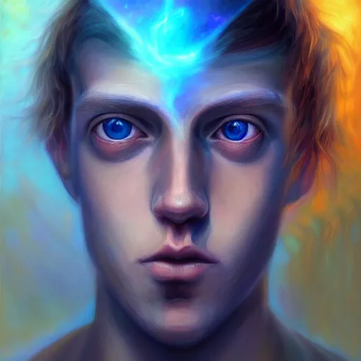 Prompt: visionary art by mandy jurgens, powerful eyes glowing highly detailed painting of deep sadness alone, young blonde boy spiritual portrait, fractal electricity surrounding him, expressive emotional sadness piece, trending on art station, abstract emotional sadness expression, very very very beautiful, fantasy digital art, visionary art, magical fantasy 2 d concept art, cosmic nebula