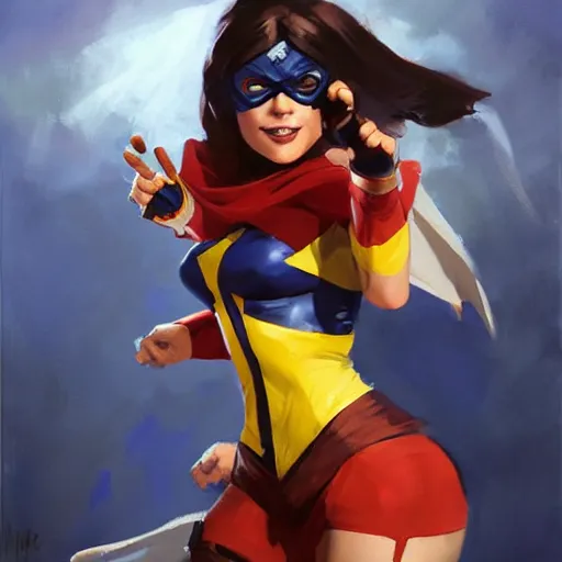 Image similar to greg manchess portrait painting of ms. marvel as overwatch character, medium shot, asymmetrical, profile picture, organic painting, sunny day, matte painting, bold shapes, hard edges, street art, trending on artstation, by huang guangjian and gil elvgren and sachin teng