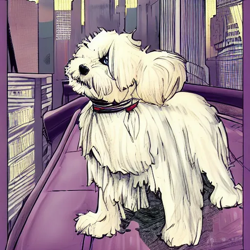 Image similar to cream colored havanese dog with a superhero cape and mask, tight shot, futuristic city, dusk, highly coherent, saga comic, graphic novel, fiona staples