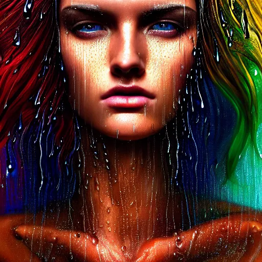 Image similar to dramatic asthetic portrait of revelation in uniquely colored rain with wet hair and face, liquid drops, epiphany, bliss, fantasy, intricate, elegant, dramatic lighting, highly detailed, lifelike, photorealistic, digital painting, artstation, concept art, smooth, sharp focus, illustration, art by John Collier and Albert Aublet and Krenz Cushart and Artem Demura and Alphonse Mucha