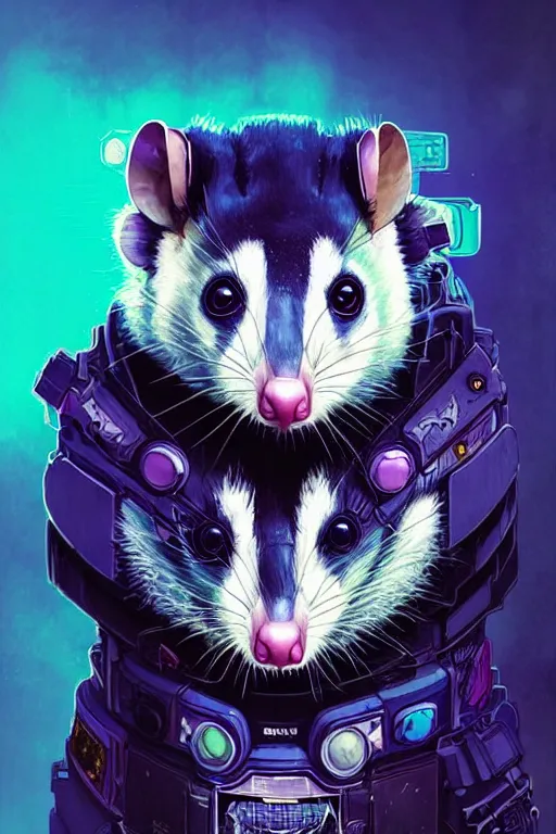 Image similar to a beautiful portrait of a cute cyberpunk opossum by sandra chevrier and greg rutkowski and wlop, purple blue color scheme, high key lighting, volumetric light, digital art, highly detailed, fine detail, intricate, ornate, complex, octane render, unreal engine, photorealistic