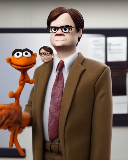 Image similar to a still if dwight schrute with brown suit as a muppet in the office. highly detailed felt. hyper real photo. 4 k.