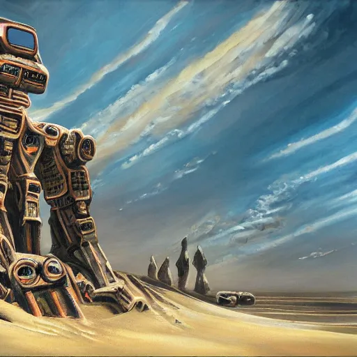 Image similar to painting of a sand landscape, futuristic, wreckage of ten giant, humanoid robots, oasis, 4 k