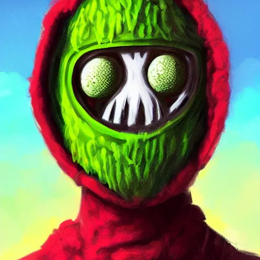 Prompt: a tennis ball monster wearing a balaclava and jewelry , digital art, fantasy, magic, trending on artstation, ultra detailed, professional illustration by Basil Gogos