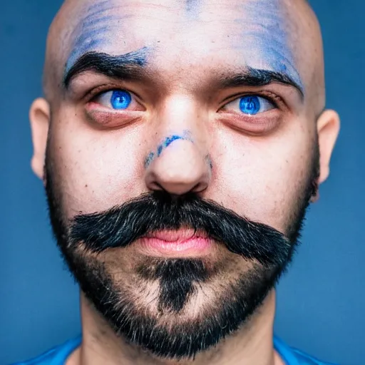 Image similar to fish eye lens close up photograph of a blue skin man with a goatee side eyeing the camera with a sympathetic look