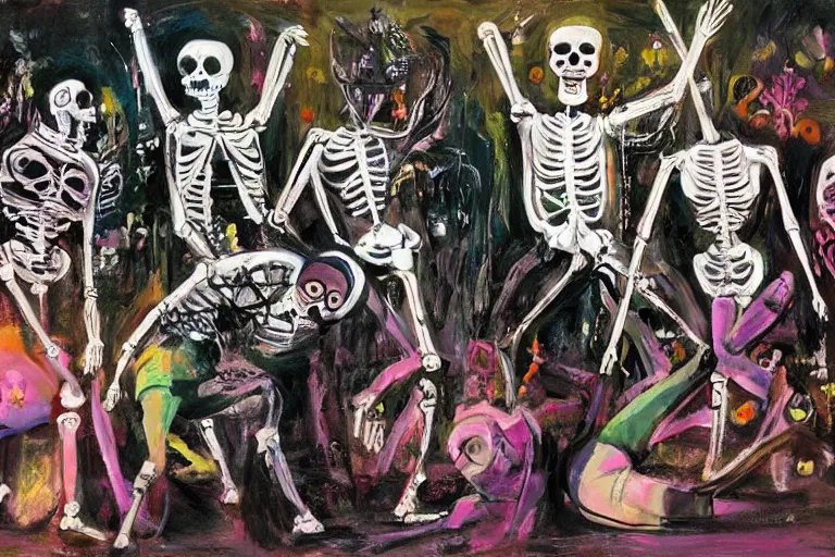 Image similar to scene from ballet, day of the dead, cyber skeletons, queen in black silk in the center, neon painting by otto dix