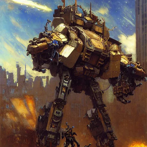 Image similar to six meters tall mech fighting in an urban environment, epic action scene, by gaston bussiere craig mullins jc leyendecker gustav klimt artgerm greg rutkowski john berkey, bergey, craig mullins, ruan jia, raymond swanland, jeremy mann, tom lovell, alex malveda, ray casting, hdr