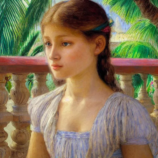 Image similar to a ultradetailed beautiful painting of a girl in the amazonas palace balustrade designed by jules bastien - lepage, tarsila do amaral, frank weston and gustave baumann, beach, trending on artstation, mediterranean, palm trees, hyper detailed face, sharp focus, soft light, 8 k 4 k