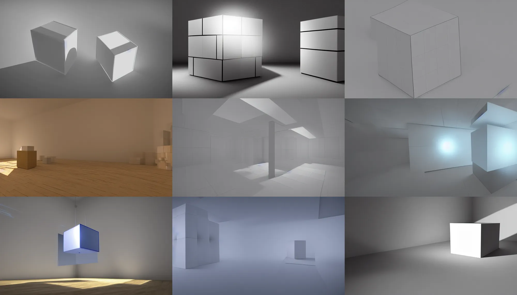 Prompt: cube in room, geometry, volumetric lighting