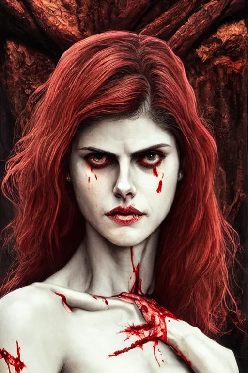 Prompt: woman!, black skeleton body!!, covered with blood, alexandra daddario face!!!, long red hair, ultra realistic, concept art, intricate details, highly detailed, photorealistic, octane render, 8 k, unreal engine. retro film still, heavy grain, 3 5 mm, art by artgerm and greg rutkowski and alphonse mucha