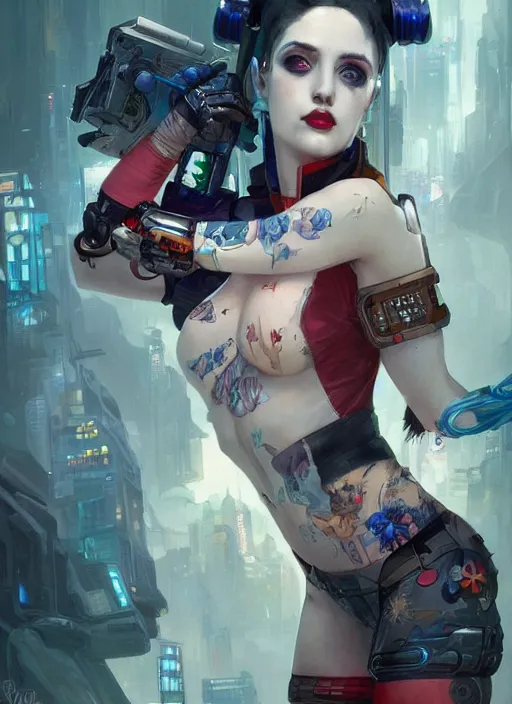 Image similar to a beautiful illustration of cyberpunk harley quinn with pointy ears, intricate, sharp focus, illustration, highly detailed, digital painting, concept art, matte, art by wlop and artgerm and greg rutkowski and alphonse mucha, masterpiece