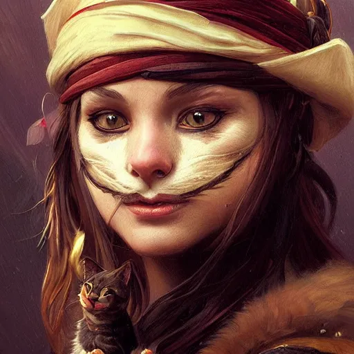 Image similar to Portrait of a Cat as a Pirate, photo, highly detailed oil painting, photorealistic, highly detailed, digital painting, artstation, concept art, smooth, sharp focus, illustration, art by artgerm and greg rutkowski and alphonse mucha