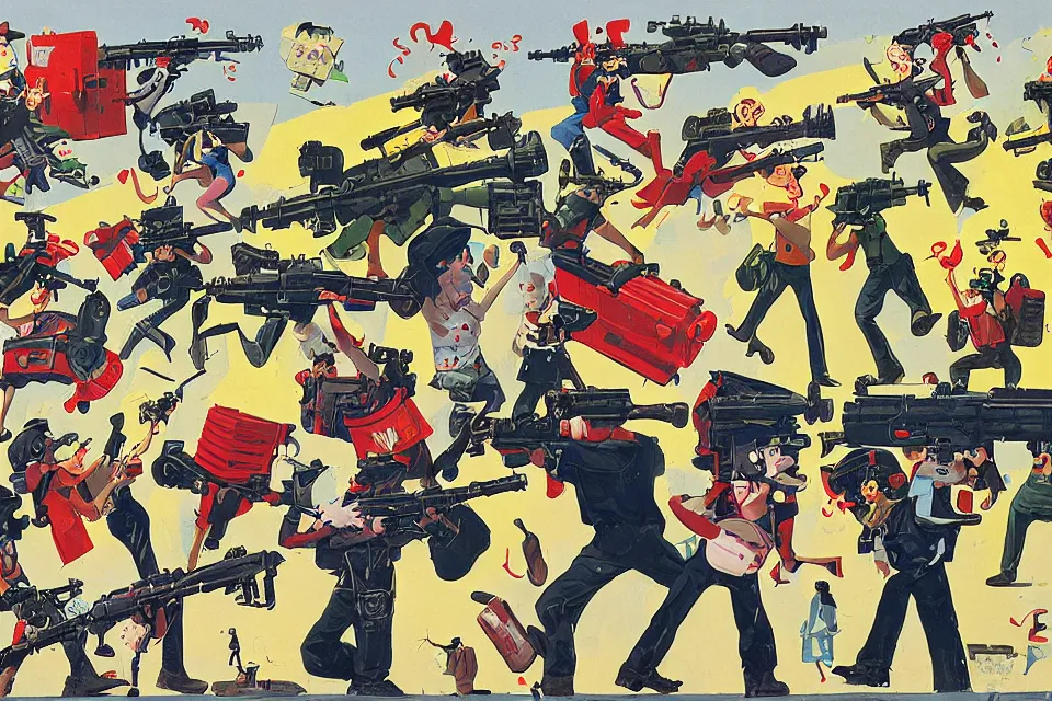 Image similar to concept paintings of supersoaker bazookas with cat-headed ammo, by jamie hewlett