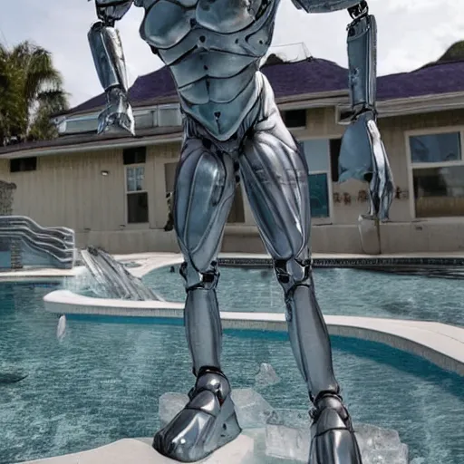 Prompt: twitch streamer / gamer ludwig, frozen ice statue, blank stare, a realistic detailed photo of a guy who is an attractive humanoid who is half robot and half humanoid, by the pool, posing like a statue, showing off his muscles, made of ice, shiny skin, on display, who is a male android, humanoid robot