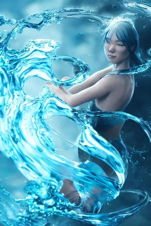 Prompt: a water bender making water swirl around , made by Stanley Artgerm Lau, WLOP, Rossdraws, ArtStation, CGSociety, concept art, cgsociety, octane render, trending on artstation, artstationHD, artstationHQ, unreal engine, 4k, 8k,