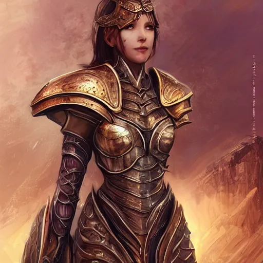 Image similar to portrait knights of Zodiac girl, golden and copper armor, in ruined Agora of Athens, ssci-fi, fantasy, intricate, very very beautiful, elegant, highly detailed, digital painting, artstation, concept art, smooth, sharp focus, illustration, art by artgerm and tian zi and WLOP