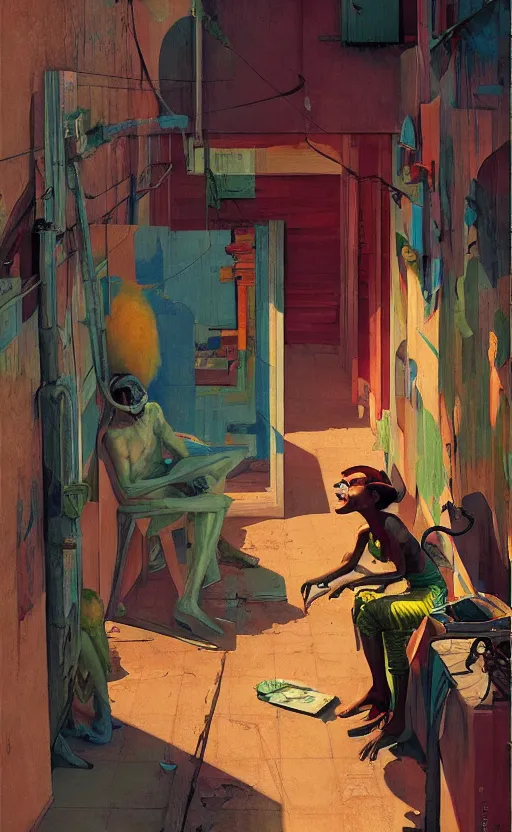 Prompt: Inside a Brazillian Favela, very coherent, painted by Edward Hopper, Wayne Barlowe, painted by James Gilleard, airbrush, art by JamesJean