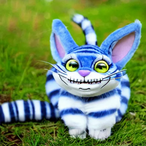 Prompt: cute blue striped cheshire cat. an adorable cat with light blue stripes, blue eyes and a big mischievous smile. stunning digital art by mona sundberg. fluffy, plush - like