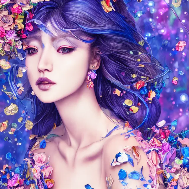 Image similar to studio portrait absurdly beautiful, elegant, graceful, young hypercolorful sensual gravure idol sapphire blue petals gems, ultrafine hyperrealistic detailed face illustration by kim jung gi, irakli nadar, intricate linework, sharp focus, bright colors, matte, octopath traveler, final fantasy, unreal engine highly rendered, global illumination, radiant light, intricate rainbow environment