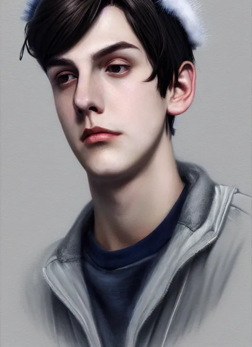 Image similar to portrait of teenage jughead jones wearing a light grey crown, photorealistic, crown, eyes closed, crown, black hair, intricate, elegant, glowing lights, highly detailed, digital painting, artstation, concept art, smooth, sharp focus, illustration, art by wlop, mars ravelo and greg rutkowski