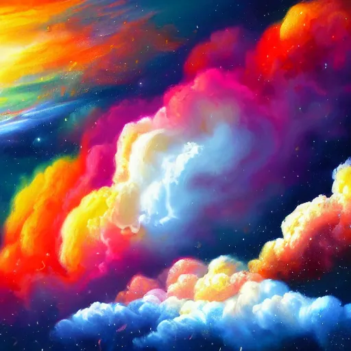 Image similar to A detailed and realistic painting of a huge colourful cloud in space, with lots of other clouds around, with incredibly huge lightning with 8k resolution, in the artistic style of fantasy art