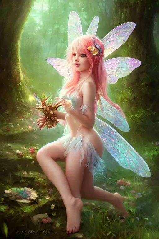 Image similar to a cute fairy in the dreamy forest, fantasy, 8 k resolution, hyper detailed, d & d, character design, digital painting, trending on artstation, sharp focus, illustration, art by artgerm, steve zheng, fuji choko, viktoria gavrilenko, hoang lap