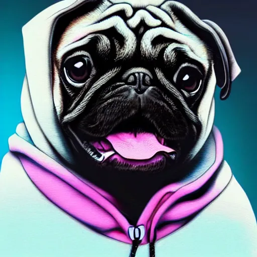 Image similar to a sad pug wearing a hoodie, the word'sad'is written on the hoodie in upper case letters, digital art, synthwave style, trending on artstation, matte painting