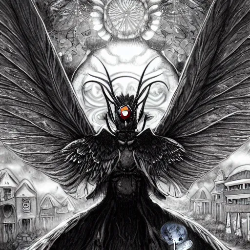 Image similar to A centered chest up portrait of a psychedelic godlike mothman with giant mandala wings smoking a hand-rolled cigarette smoking heavily , magic mushroom village in background , award winning. superb resolution. in the art style of junji Ito and greg rutkowski . Detailed Mushroom city in background. Hyper realistic anime. Perfect art. Dalle2