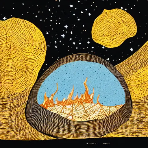 Prompt: a crackling fire in front of a very dark background of yellow illustrated stars, papercut folk art, astrophotography, cut paper collage with illustration and photograph