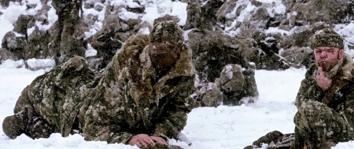 Image similar to filmic closeup semi symmetrical dutch angle movie still 4k UHD 35mm film color photograph of a man wearing military camo kneeling in the snow trying to hold in his internal organs that are spilling out after being eviscerated, his wound is gushing blood onto the snow at night time, dimly lit antarctica