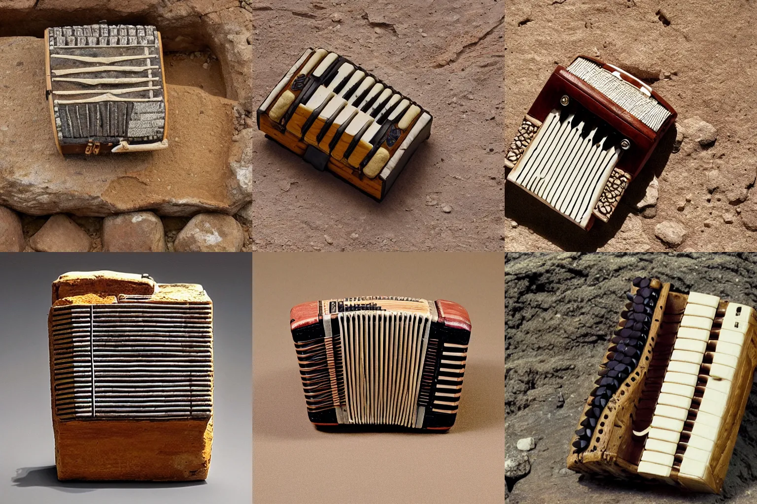 Prompt: an instrument resembling a small accordion, made of stone, wood, and animal skin, found in near-perfect condition at an archaeological site dating to 6000 BC, photo from the dig site, 85mm lens