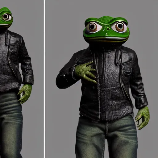 Image similar to perfectly accurate miniature figure of pepe the frog wearing jeans and a black leather jacket, soft textures, skin texture, clothing, 3d sculpture, textured, fine detail, lifelike, photo, high resolution, octane render, post processing, after effects, trending on artstation