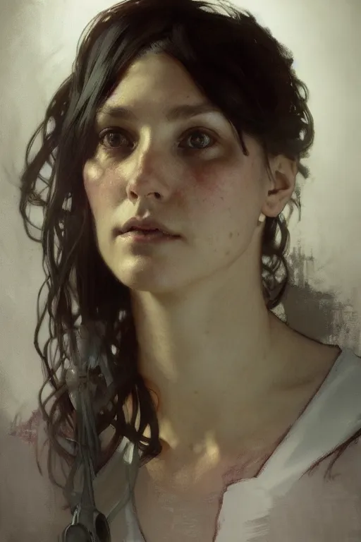 Prompt: portrait sketch of a modern nurse by jeremy mann and alphonse mucha, fantasy art, realistic drawing, dynamic lighting, artstation, poster, volumetric lighting, very detailed faces, 4 k, award winning