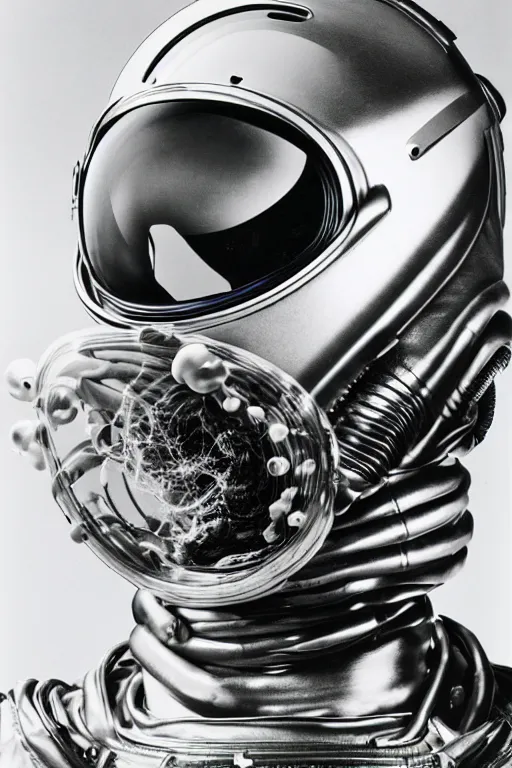 Image similar to extremely detailed studio portrait of space astronaut, alien tentacle protruding from eyes and mouth, slimy tentacle breaking through helmet visor, shattered visor, full body, soft light, disturbing, shocking realization, award winning photo by herb ritts