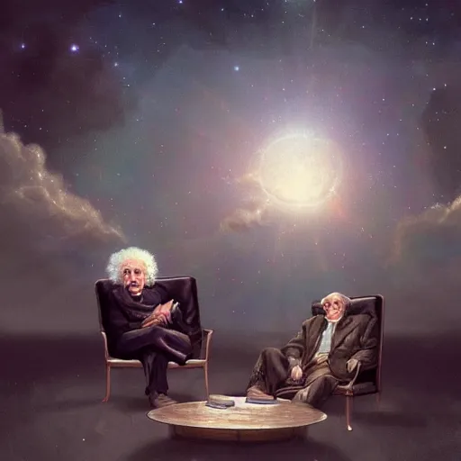 Image similar to einstein and stephen hawking sitting on a pearly couch in heaven, having deep discussions, thoughtful, angels, clouds, very bright lights, pillars, by greg rutkowski, trending on artstation