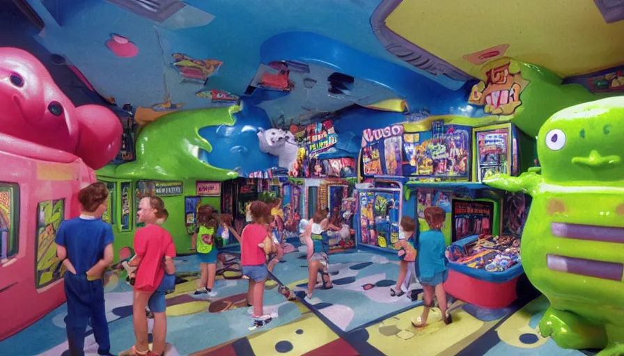 Image similar to 1990s photo of inside the Nickelodeon Blockbuster Gameboy Slime Show ride at Universal Studios in Orlando, Florida, children riding a VHS tape through a Blockbuster video store filled with beanie babies and a big Furby, cinematic, UHD