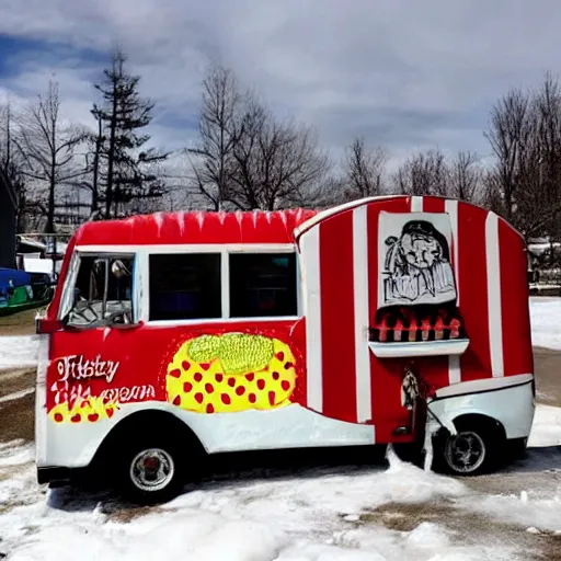 Prompt: a hotdog food truck parked in the middle of icy cold tundra we’ll a blizzard rages on
