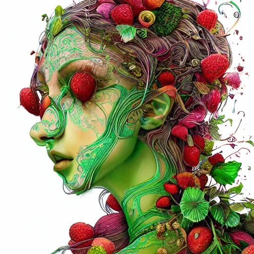 Image similar to the portrait of an absurdly beautiful, graceful, elegant, sensual woman made of strawberries and green petals, an ultrafine hyperdetailed illustration by kim jung gi, irakli nadar, intricate linework, bright colors, octopath traveler, final fantasy, angular, unreal engine 5 highly rendered, global illumination, radiant light, detailed and intricate environment