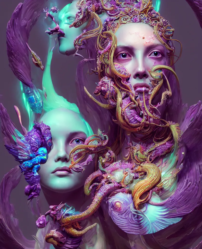 Image similar to goddess full color painted acryllic sculpture close-up portrait. orchid bird phoenix head, nautilus, skull, betta fish, bioluminiscent creatures, intricate artwork by Tooth Wu and wlop and beeple. octane render, trending on artstation, greg rutkowski very coherent symmetrical artwork. cinematic, hyper realism, high detail, octane render, 8k