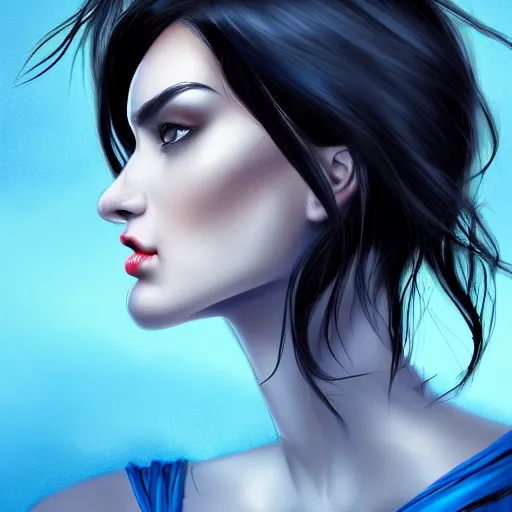 Image similar to a stunning upper body portrait of a beautiful woman with raven hair with a blue tint blowing in the wind by marvel comics, digital art, trending on artstation