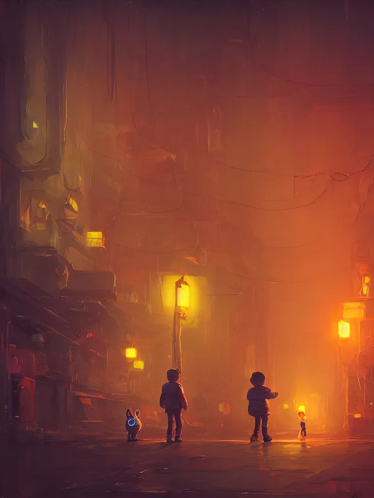 Image similar to a single little boy, two oranges and a white rabbit in a dark alley city with neonlights by night a painting from stalenhag, 4 k, 8 k, hdr, artstation, concept art