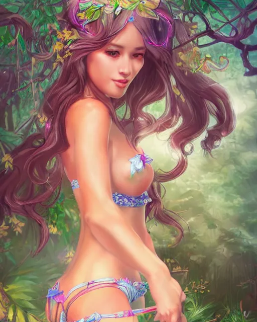 Prompt: A beautiful female maid wearing a magical bikini in a magical forest, detailed face, flirting gaze, fantasy art, in the style of artgerm, illustration, epic, fantasy, intricate, hyper detailed, artstation, concept art, smooth, sharp focus, ray tracing, vibrant