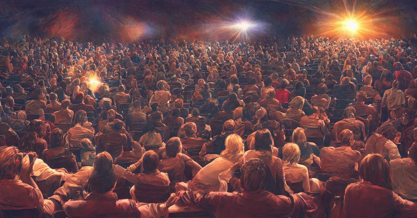 Image similar to rear view of the seated souls in the cinema trapped into illusion by watching volumetric light of consciousness projecting their lives in front of them on the big screen, realistic, deep sense of spirituality, visual plasticity, unreal engine quality, raytracing, vray shading, style of earl norem