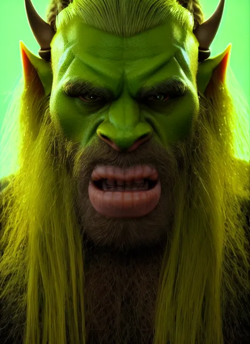 Image similar to portrait of a berserker green orc, long blond hair and beard, perfect facial symmetry + dim volumetric lighting, 8k octane beautifully detailed render, post-processing, extremely hyperdetailed, intricate, epic composition, grim yet sparkling atmosphere, cinematic lighting + masterpiece, trending on artstation