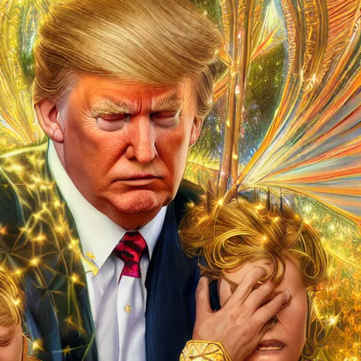 Prompt: ultra realistic illustration of magical president trump, forest, fantasy, colorful lights, intricate, elegant, highly detailed, digital painting, artstation, concept art, smooth, sharp focus, illustration, art by artgerm and greg rutkowski and alphonse mucha