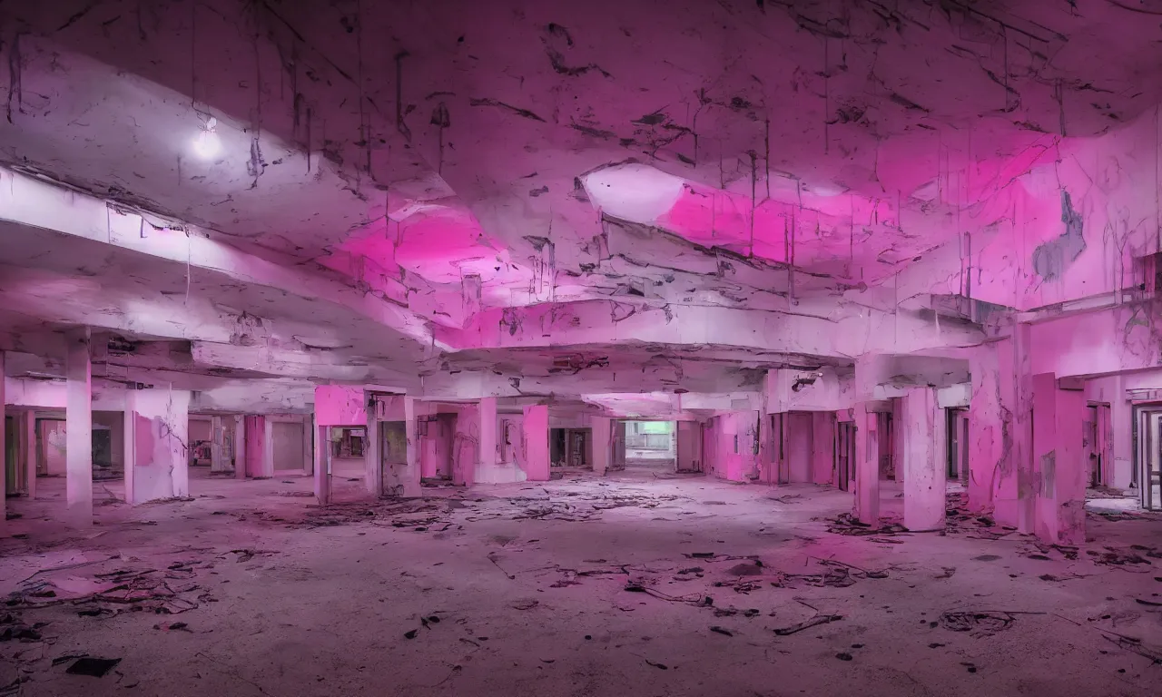 Image similar to backrooms abandoned mall, ominous neon pink and purple vaporwave lighting, moldy walls and shallow water, shadowy tall figures in the distance, bright smile in a dark spot